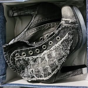 Star Bluemoon Distressed Denim Fabric High Heel Toe Block Boots Size 38
